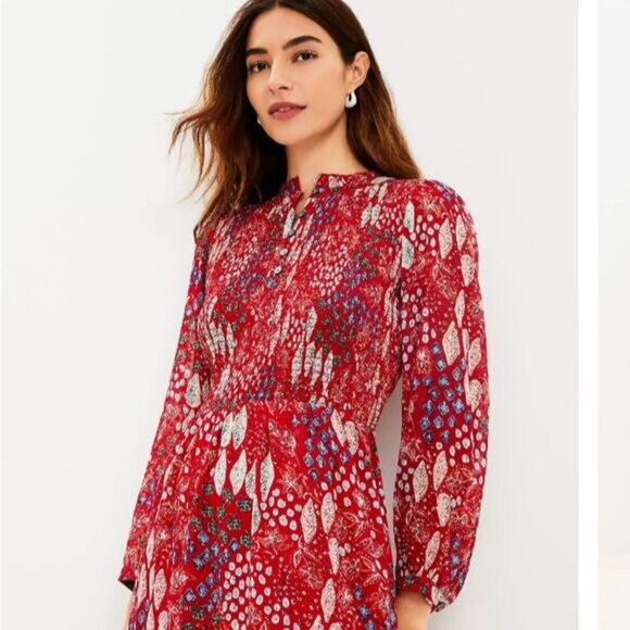 Loft Garden Smocked Bodice Tiered Maxi Dress Floral Long Sleeve Red 12 Large NWT - Picture 2 of 16